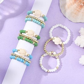 3Pcs Synthetic Turquoise & Hematite & Glass Seed Beaded Finger Rings, Stretch Rings, Tortoise