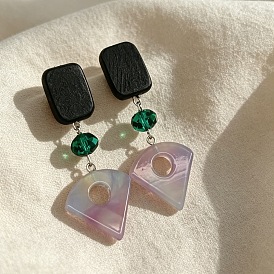 Boucles d'oreilles clous en bois et verre, fan, boucles d'oreilles pendantes en résine pour femmes