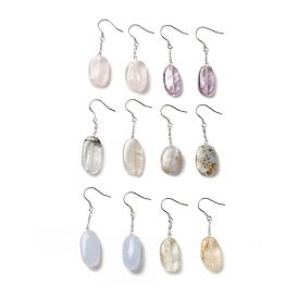 Natural Agate+Crystal Oval Dangle Earrings with 925 Sterling Silver Pin for Women