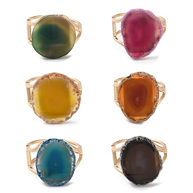 Rack Plating Brass with Natural Agate, Dyed, Adjustable Ring for Women