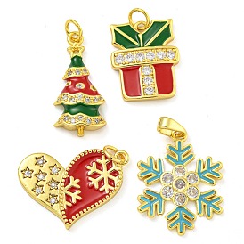 Christmas Theme, Real 18K Gold Plated Brass Enamel Pendants with Jump Rings and Cubic Zirconia, Snowflake/Heart/Christmas Bell/Christmas Trees