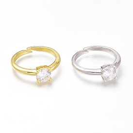 Brass Micro Pave Clear Cubic Zirconia Solitaire Rings, Cuff Rings, Long-Lasting Plated, Square