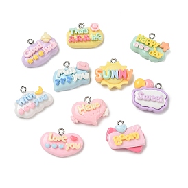 Opaque Resin Pendants, Word Shape Charm, with Platinum Iron Loop