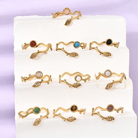 304 Stainless Steel Cuff Open Rings for Women, Leaf, with Gemstone, Ion Plating(IP), Golden
