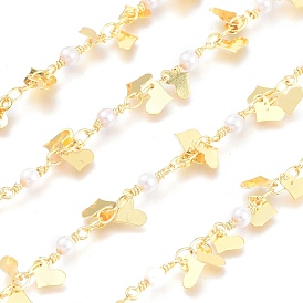 Brass Chains, with Glass Beads & Heart Charm & Spool, Soldered, Long-Lasting Plated