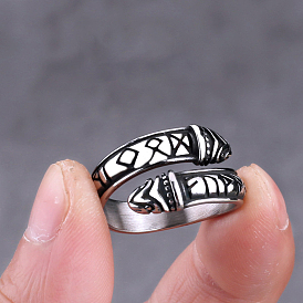 Titanium Steel Word Open Cuff Ring, Rune Words Odin Norse Viking Amulet Jewelry