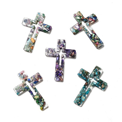 Transparent Resin Pendants, Religion Cross Charms, with Natural Opal and Dyed Imperial Jasper