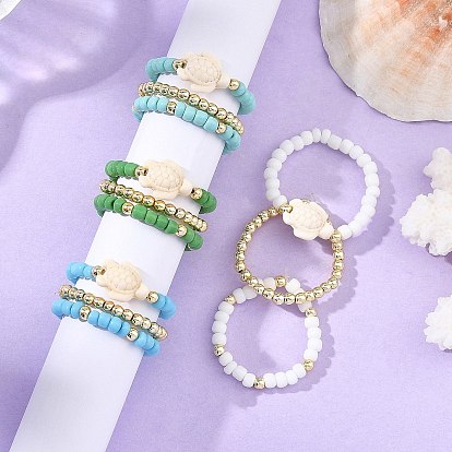 3Pcs Synthetic Turquoise & Hematite & Glass Seed Beaded Finger Rings, Stretch Rings, Tortoise