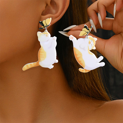 Boucles d'oreilles pendantes à clous en acrylique imprimé, forme de chat et papillon