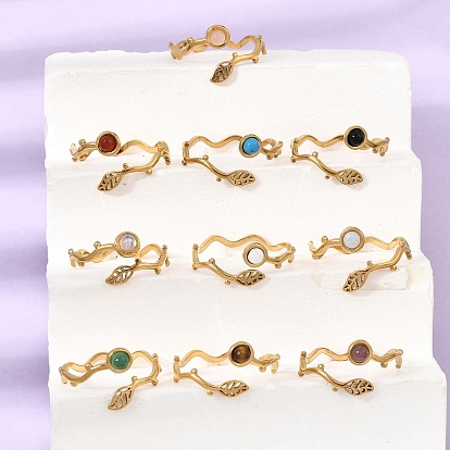 304 Stainless Steel Cuff Open Rings for Women, Leaf, with Gemstone, Ion Plating(IP), Golden