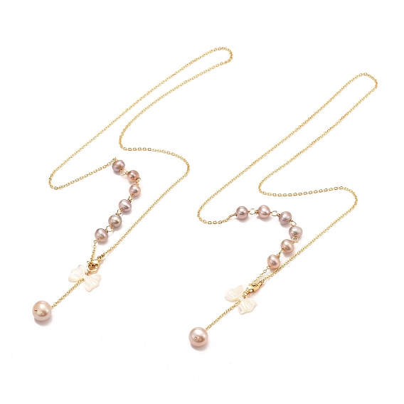 Латунь лассо ожерелья, подвески из натуральных ракушек с натуральным жемчугом и бантом, долговечный