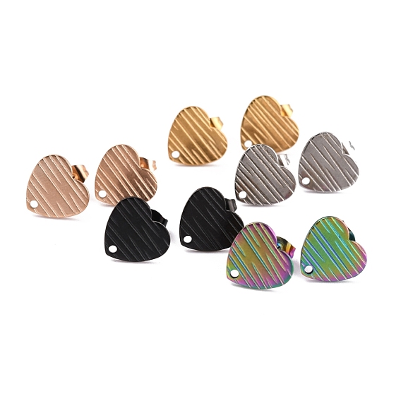 Ion Plating(IP) 304 Stainless Steel Stud Earring Findings, with Ear Nuts/Earring Backs and Hole, Textured Heart Shape with Cross Grain