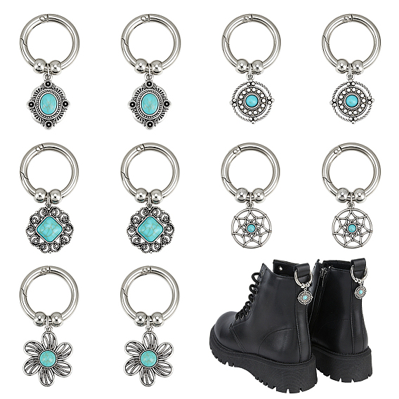 10 шт. 5 стили синтетические бирюзовые подвески для обуви, с литыми пружинными кольцами, разнообразные