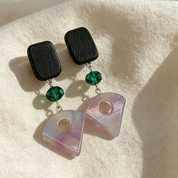 Wood & Glass Stud Earrings, Fan, Resin Dangle Earrings for Women