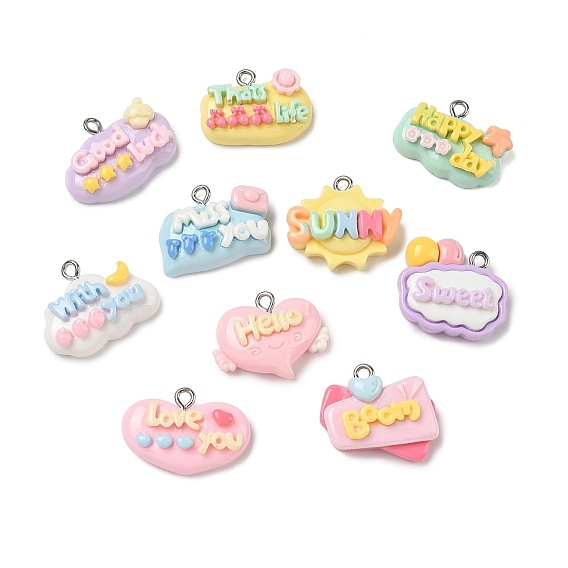 Opaque Resin Pendants, Word Shape Charm, with Platinum Iron Loop
