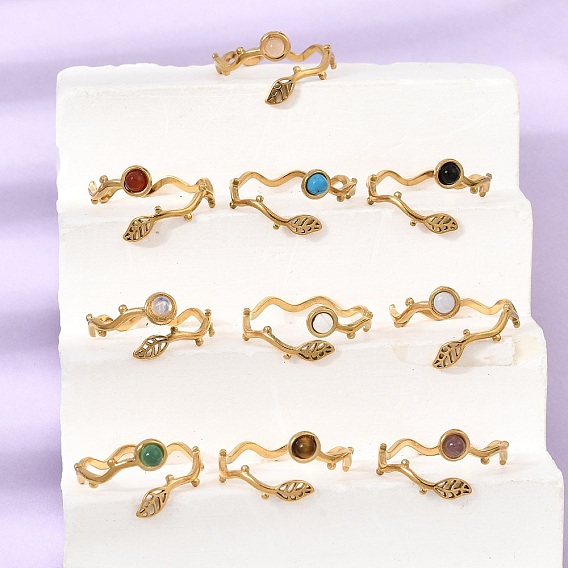 304 Stainless Steel Cuff Open Rings for Women, Leaf, with Gemstone, Ion Plating(IP), Golden