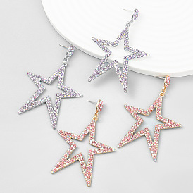 Sparkling Hollow Five-pointed Star Earrings for Women - Alloy with Rhinestones, European and American Style Statement Ear Drops