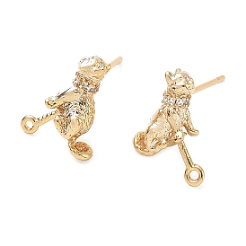 Brass Micro Pave Cubic Zirconia Stud Earring Findings, Cat Shape, with Loop