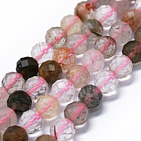 Natural Rutilated Quartz Beads Strands, Faceted(64 Facets), Round