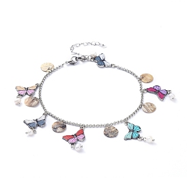 304 Stainless Steel Charms Anklets, with Printed Alloy Enamel Links and Natural Akoya Shell Charms, Butterfly