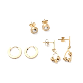 3 Pairs 3 Style Crystal Rhinestone Roman Number & Teardrop Dangle Stud Earrings, Ion Plating(IP) 304 Stainless Steel Hoop Earrings for Women