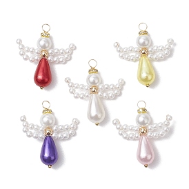 5Pcs Glass Pearl Pendants, with Golden Copper Wire, Angle