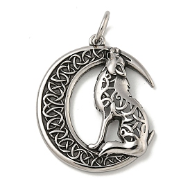 316 Surgical Stainless Steel Pendants, with Jump Ring, Moon with Wolf Charm