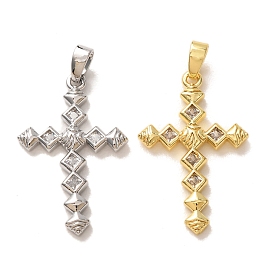 Brass Micro Pave Clear Cubic Zirconia Pendants, Cross with Rhombus Charms