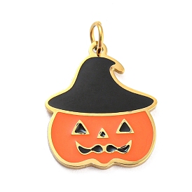 Halloween 304 Stainless Steel Charms, with Enamel and Jump Ring, Real 14K Gold Plated, Pumpkin with Witch Hat Charm