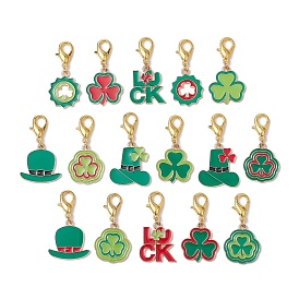 16Pcs 16 Styles Saint Patrick's Day Theme Alloy Enamel Pendant Decoration, Alloy Lobster Claw Clasps Charms for Bag Ornaments