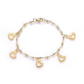 304 Stainless Steel Charm Bracelets, with Lobster Claw Clasps, Heart