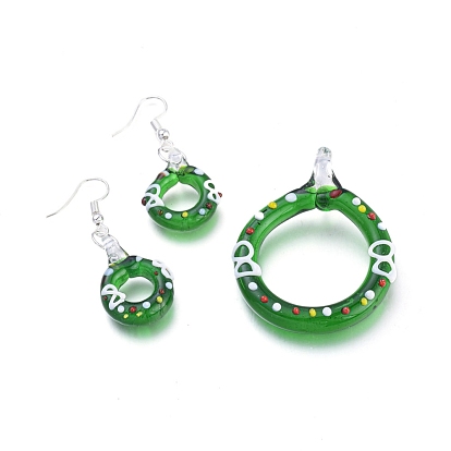 Handmade Lampwork Jewelry Sets, Big Pendants and Dangle Earrings, with Brass Earring Hooks, Christmas Wreath