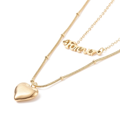 Double Chains Multi Layered Necklaces with Heart and Word Forever Pendants, Ion Plating(IP) 304 Stainless Steel Jewelry for Women