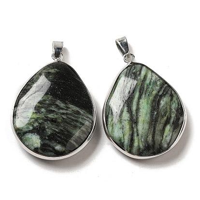 Natural Seraphinite Pendants, Platinum Plated Brass Teardrop Charms with Iron Snap on Bails