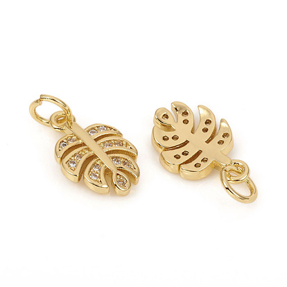 Brass Micro Pave Cubic Zirconia Charms, with Jump Rings, Leaf, Clear