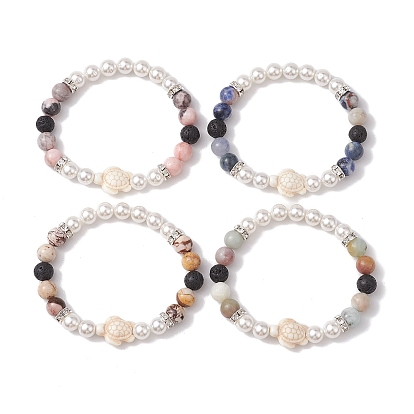 8mm Round Gemstone & Shell Pearl Beaded Stretch Bracelets, Beach Tortoise Synthetic Turquoise Bracelets for Women Men
