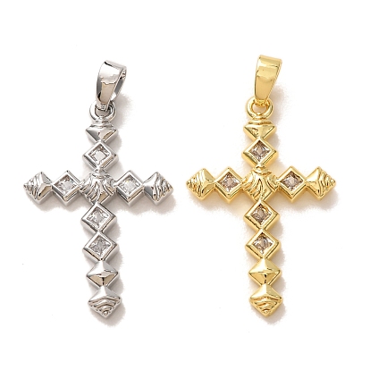 Brass Micro Pave Clear Cubic Zirconia Pendants, Cross with Rhombus Charms