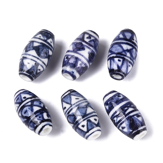 Handmade Porcelain Beads, Blue and White Porcelain, Famille Rose Porcelain, Oval with Geometric Triangle Pattern