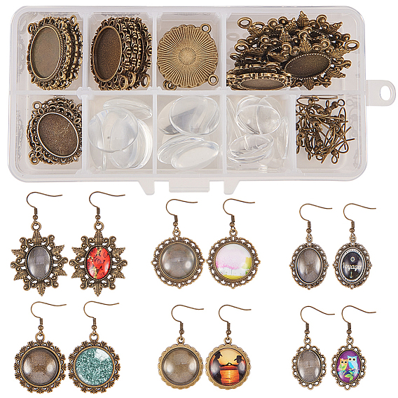 DIY серьги решений, Сеттинги для кулона ( кабошон ), тибетский стиль, прозрачные стеклянные кабошоны и латунные крючки для серьги