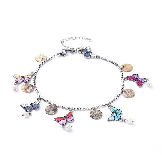 304 Stainless Steel Charms Anklets, with Printed Alloy Enamel Links and Natural Akoya Shell Charms, Butterfly