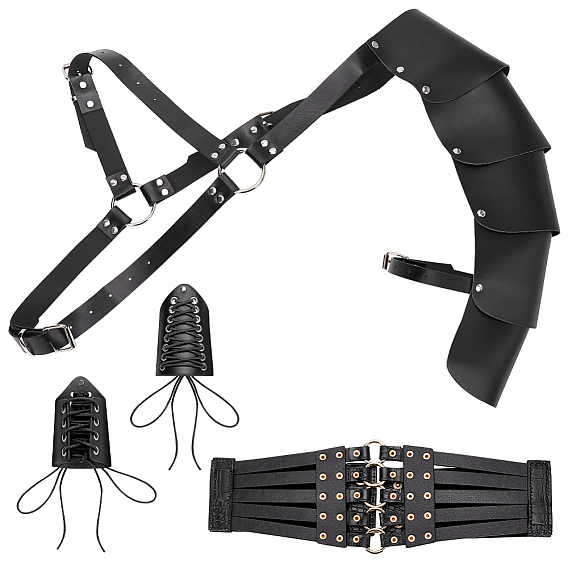 Medieval Style Adjustable PU Leather with Iron Fencing Sheath, Gauntlet Wristband Wide Elastic Corset Belts Sets