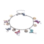 304 Stainless Steel Charms Anklets, with Printed Alloy Enamel Links and Natural Akoya Shell Charms, Butterfly