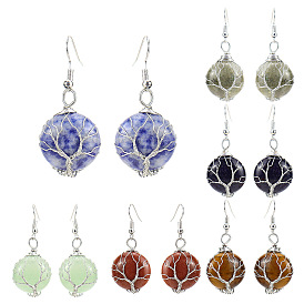 Hand-wound multi-color natural crystal stone round tree of life earrings