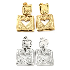 304 Stainless Steel Dangle Stud Earrings, Square with Heart