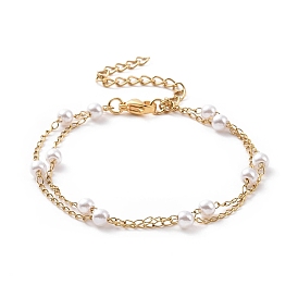 Round Plastic Imitation Pearl Beads Multi-strand Bracelets, with Vacuum Plating 304 Stainless Steel Curb Chains, White