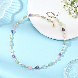 Natural Amethyst & Rose Quartz & Amazonite & Prehnite & Freshwater Pearl Beaded Necklaces, Nuggets