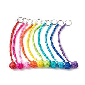 Outdoor Polyester & Spandex Cord Ropes Braided Wood Ball Keychains, with Iron Split Key Rings