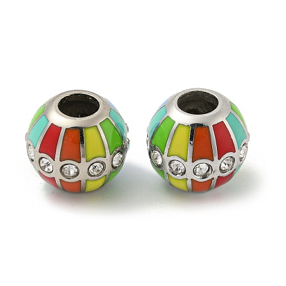 Alloy Enamel European Beads, with Rhinestone, Large Hole Beads, Round, Platinum