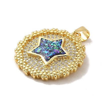Rack Plating Brass Micro Pave Cubic Zirconia Pendants, with Synthetic Opal, with Jump Ring, Lead Free & Cadmium Free, Long-Lasting Plated, Flat Round with Star