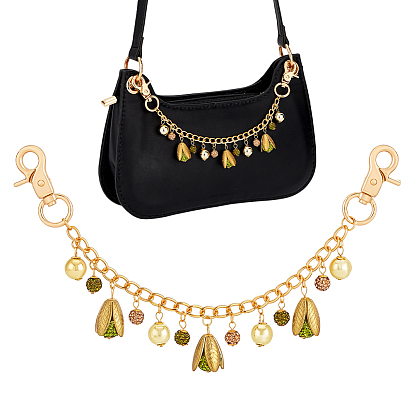 Подвески-цветы из полимерной глины со стразами, зеленые, алюминиевые, витые, панцирные, декоративные цепочки для сумок, с сплава шарнирного когтя омара застежками